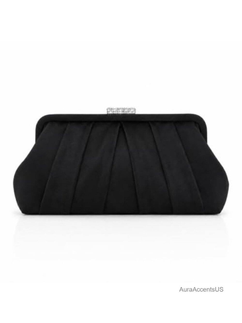Pleated Faux Suede Evening Clutch with Rhinestone Clasp & Chain Strap